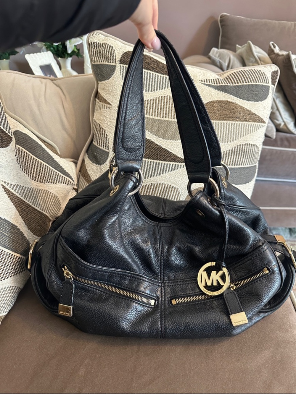 Michael Kors Black Leather Shoulder Hobo with Gold MK Charm